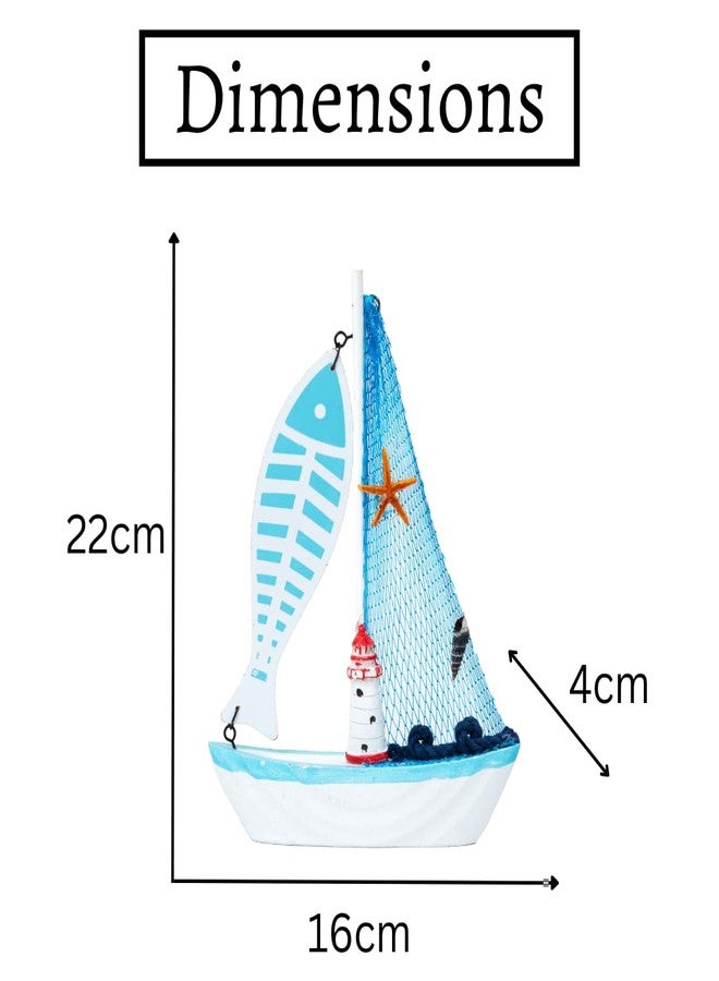EAZYWAGON Wooden Decorative Sailboat Nautical Model Showpiece - 15x4x22 cm | Miniature Sailing Boat Showpiece for Home Decor, Living Room, Office & Table Desk Decoration | Light Blue Border-Big Fish - Image 3
